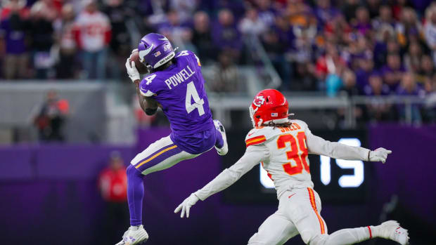 Oct 8, 2023; Minneapolis, Minnesota, USA; Minnesota Vikings wide receiver Brandon Powell (4) catches a pass against the Kansas City Chiefs cornerback L'Jarius Sneed (38) in the fourth quarter at U.S. Bank Stadium.